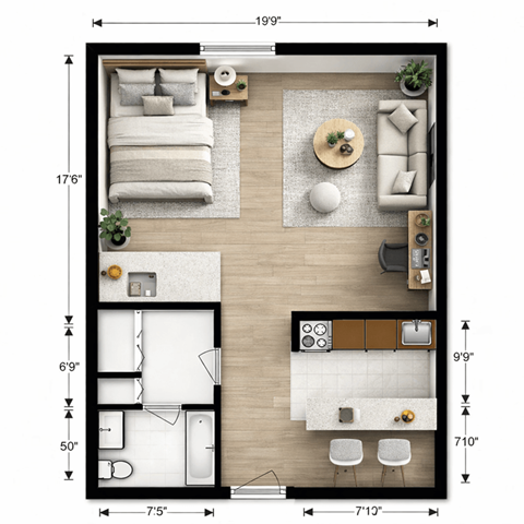 Floor plan for studio, 1 bath, 420 sqft